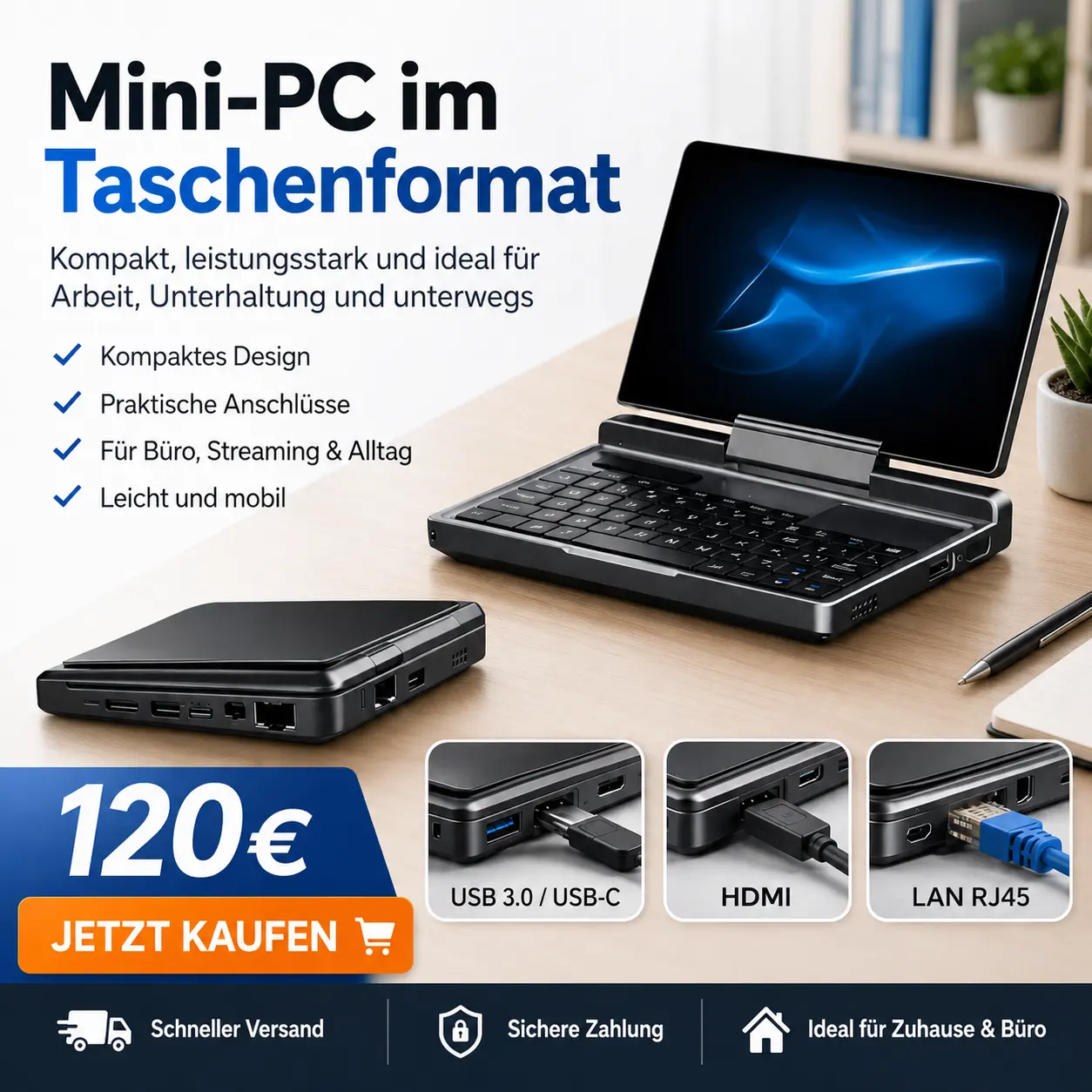 PocketNova klappbarer Mini-PC mit Tastatur – Kompakt, mobil & sofort einsatzbereit