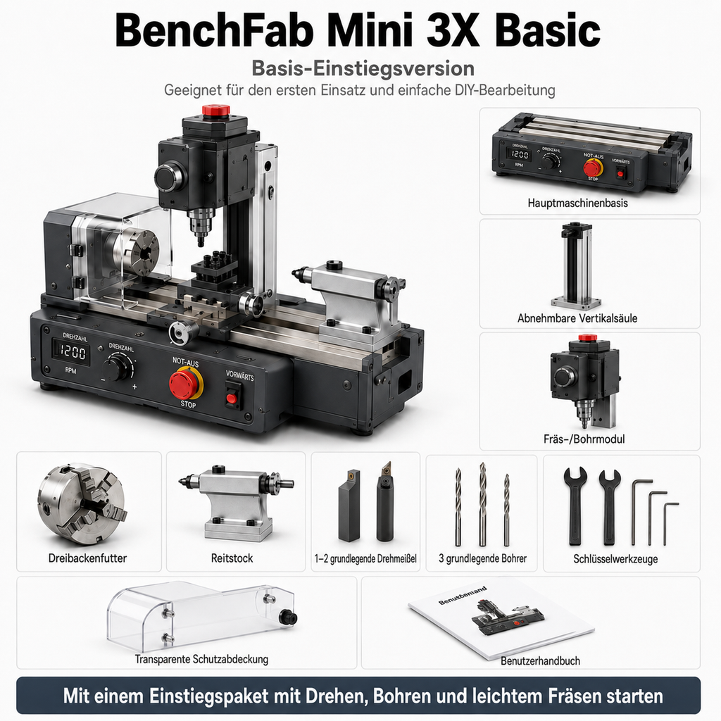 BenchFab Mini 3X – 3-in-1 Mini-Drehbank für DIY & Modellbau